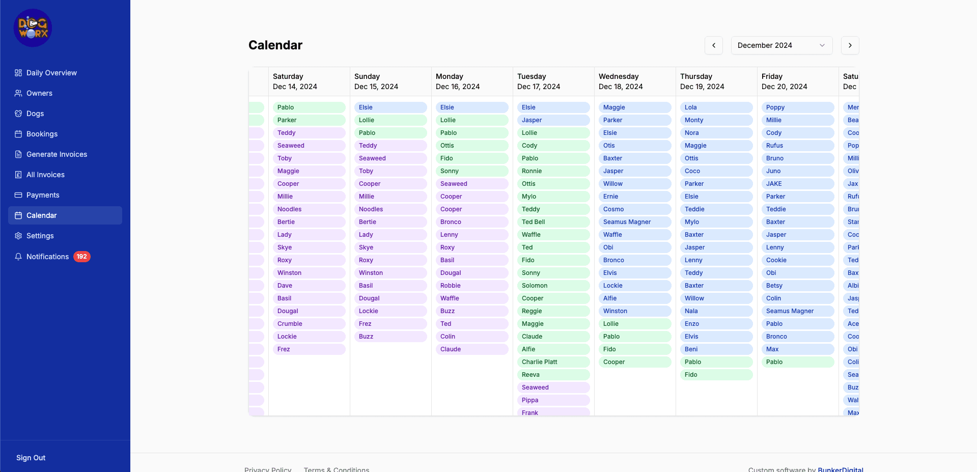 Dogworx admin's calendar view