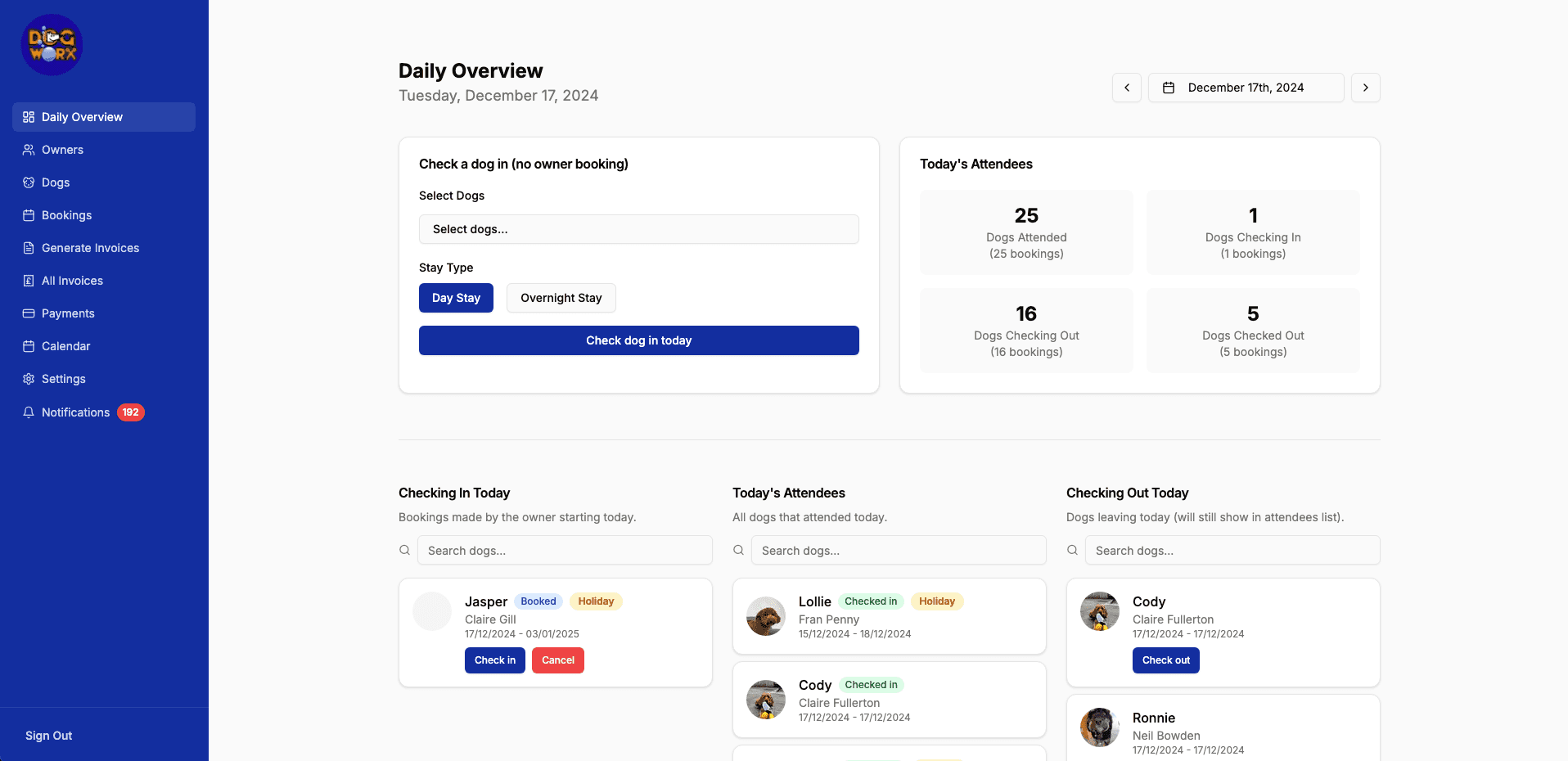 Dogworx admin's daily overview