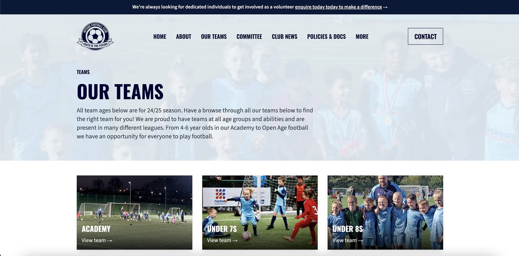 New teams page - structured by age group